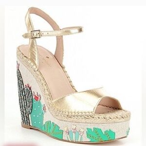 GUC Kate Spade Dallas Wedge Sandals with Glitter Cactus Embroidery Sz 8